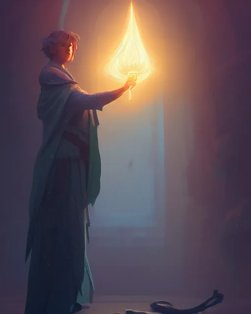 Image similar to highly detailed vfx portrait of an old mage casting a light spell, unreal engine, greg rutkowski, loish, rhads, beeple, makoto shinkai and lois van baarle, ilya kuvshinov, rossdraws, tom bagshaw, alphonse mucha, global illumination, detailed and intricate environment