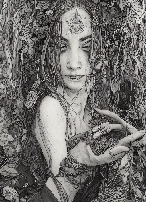 Image similar to portrait, beautiful Stoner hippy girl, sitting in a druid circle, smoking a magical bong, gypsy, watercolor, dramatic lighting, cinematic, establishing shot, extremely high detail, foto realistic, cinematic lighting, pen and ink, intricate line drawings, by Yoshitaka Amano, Ruan Jia, Kentaro Miura, Artgerm, post processed, concept art, artstation, matte painting, style by eddie mendoza, raphael lacoste, alex ross