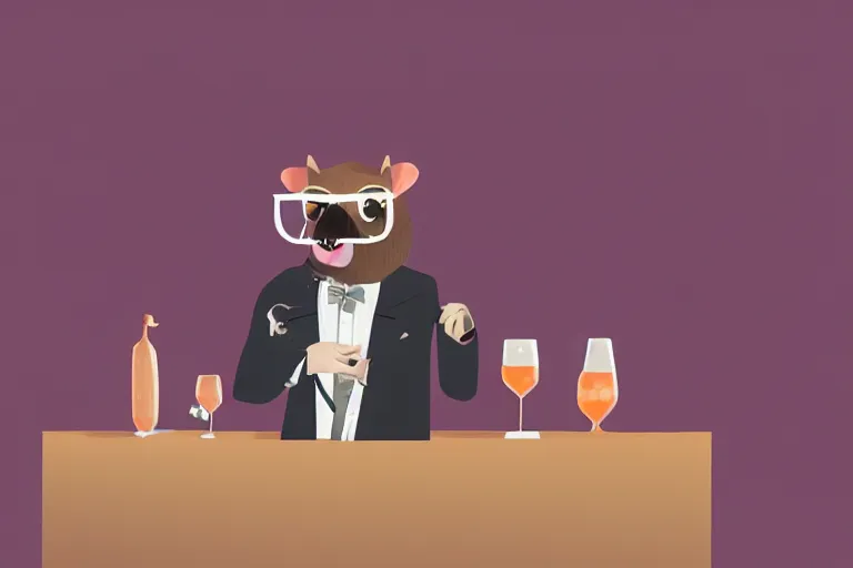 Prompt: a 2 d matte illustration of a laughing capybara with wire rimmed glasses and wearing a suit at a crowded bar in the style of nancy blair