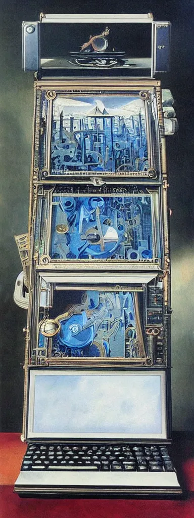 Prompt: An intricate, highly detailed and technologically advanced steampunk computer painted by Rene Magritte and Salvador Dali