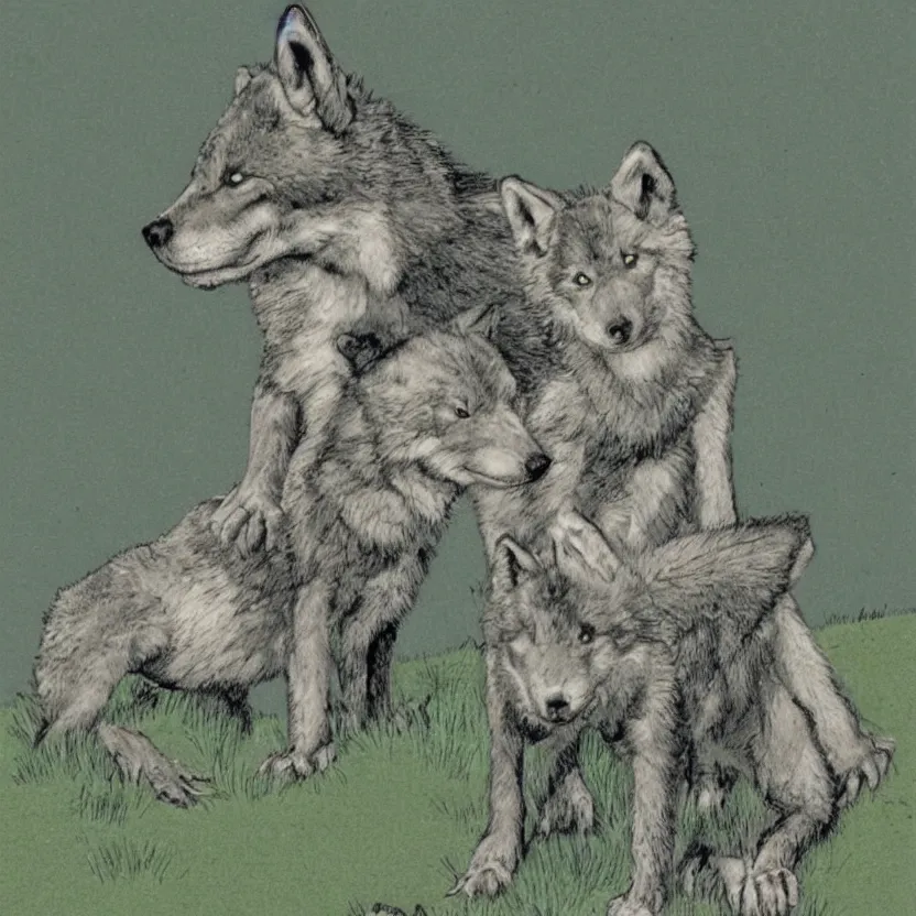 Image similar to a wolf pup on a hill with a lizard illustrated by Don Freeman in the style of Corduroy