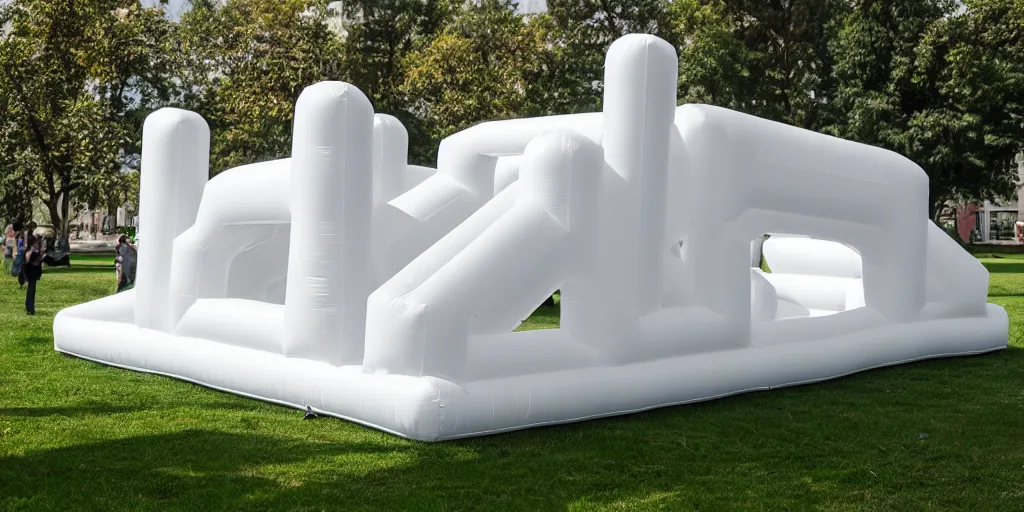 Prompt: inflatable upscaled all - white adult bouncy castle playground inside, parts by cj hendry, parts by shih chieh huang, parts by anish kapoor, warm soft light, telephoto lens, shallow depth of field realistic, 8 k, hyperrealism, subsurface scattering, raytracing