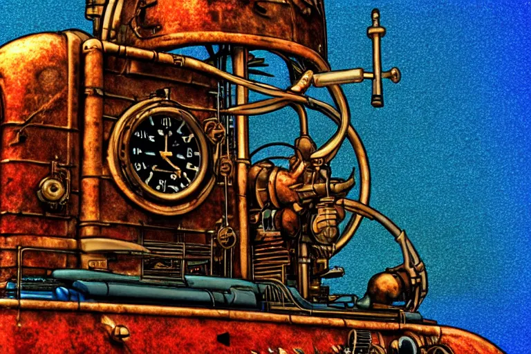 Image similar to steampunk submarine!, in the style of john avon and derek riggs and eva widermann, trending on artstation, halfrear lighting closeup view anaglyph filter, bokeh, anime, colored pencil art, belle epoque