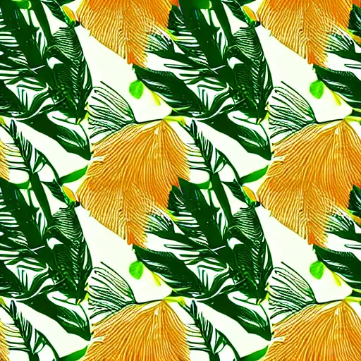 Prompt: seamless pattern of amazon forest leafs, rich colors, mostly green and yellow