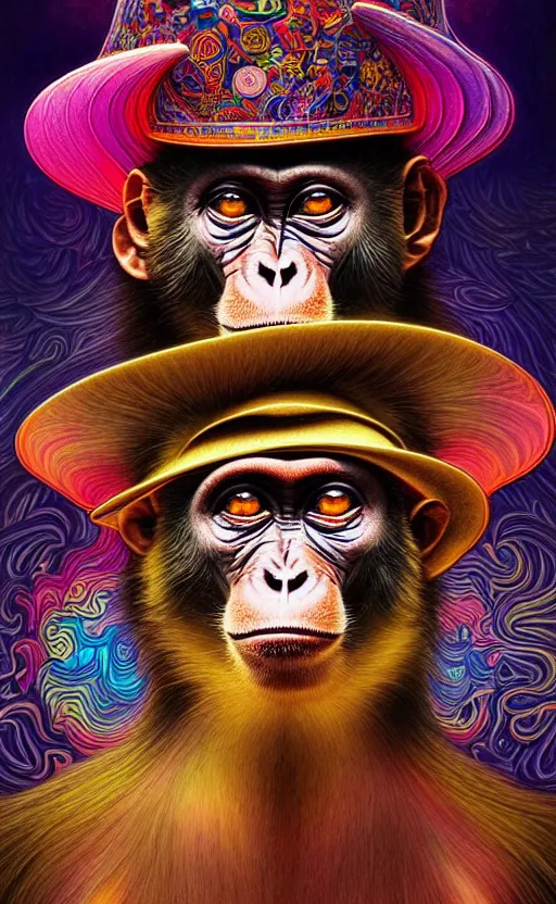 Image similar to An extremely psychedelic celestial Monkey in his black fedora hat, colorful, surreal, dramatic lighting, magic mushrooms, psilocybin, LSD, face, detailed, intricate, elegant, highly detailed, digital painting, artstation, concept art, smooth, sharp focus, illustration, art by Krenz Cushart and Artem Demura and alphonse mucha