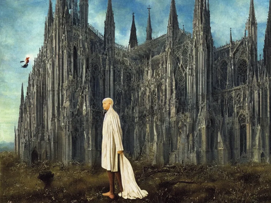 Prompt: albino mystic, with his back turned, looking in the distance at gothic cathedral in ruins, in the desert. Fireflies. Painting by Jan van Eyck, Audubon, Rene Magritte, Agnes Pelton, Max Ernst, Walton Ford