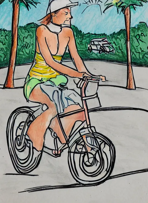 Image similar to drawing of a atlanta urban outfitters style riding a bike going to the beach