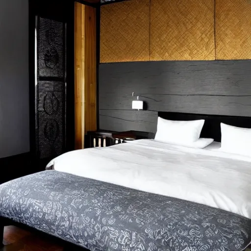 Image similar to bedroom, stone, interior design, stylish luxury hotel bedroom design, yakisugi, black vertical slatted timber, textures, feminine, black walls, art, vase with flowers, Japanese influences