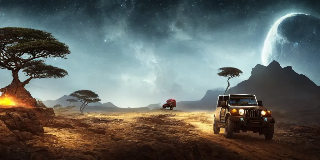 Prompt: mahindra thar riding through moonlit socotra island with dragon trees, starry night, chasing action scene, epic fantasy, sharp focus, trending on ArtStation, masterpiece, by Greg Rutkowski, by Ross Tran, by Fenghua Zhong, octane render, soft render, ultrarealistic, colorful, cinematic, matte painting, shadow of the tomb rider