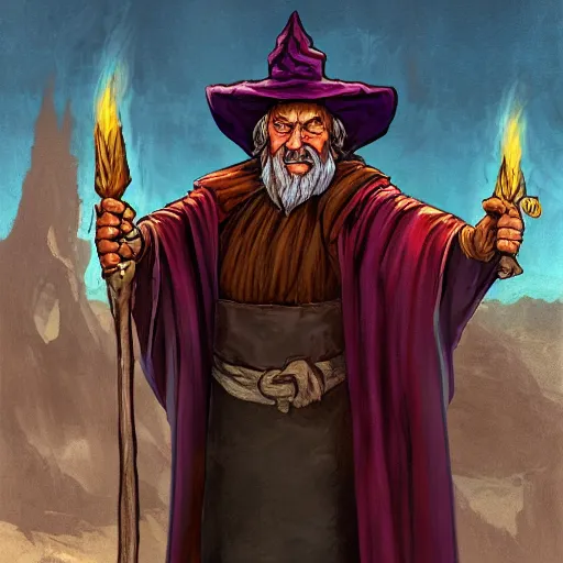 Image similar to Chawick the Fail Wizard, a ponce wizard's apprentice in ragged and stained wizard's robes and hat. 8k resolution, full-length portrait, digital painting, fantasy art, D&D character art, greg rukowski, frank frazetta, larry elmore.