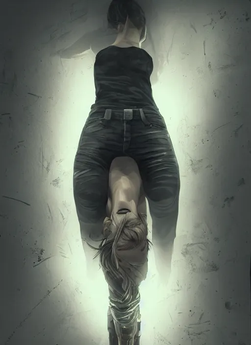 Prompt: a beautiful girl posing on the floor, wearing a long torn shirt, cyberpunk, dramatic lighting, high detail, concept art, artstation, by Paolo Eleuteri Serpieri