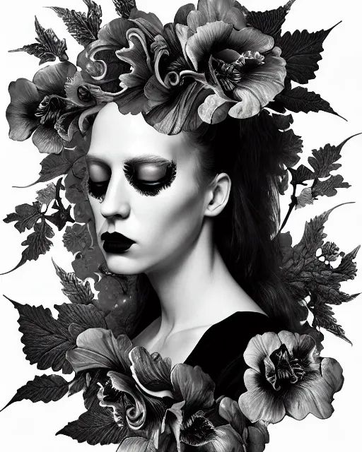 Image similar to monochrome profile portrait painting, dutch masters, silver lace floral steampunk biomechanical beautiful young female cyborg with one techno eye, monocular, volumetric light, leaves foliage and stems, hibiscus flowers, alexander mcqueen, rim light, big gothic fashion pearl embroidered collar, 8 k