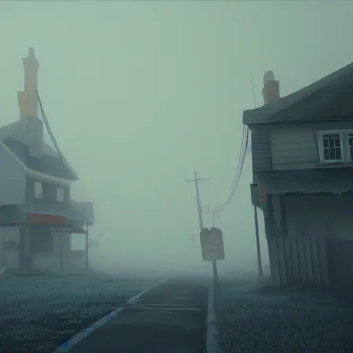Image similar to creepy town covered in heavy fog, highly detailed, 4k, HDR, award-winning, octane render, artstation