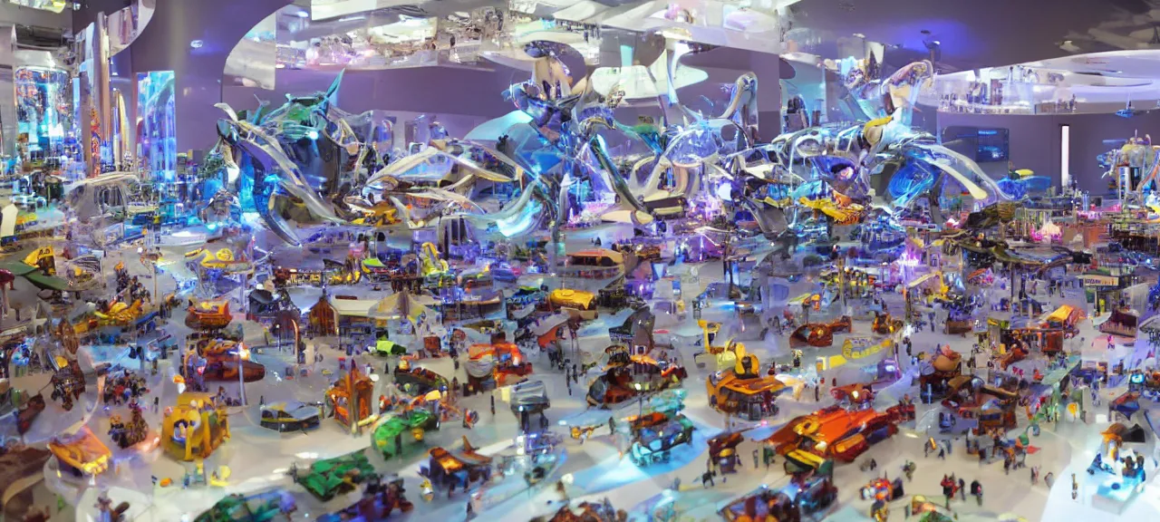 Image similar to A view of the world exhibition of futuristic toys, showcases full of interesting incredible mechanisms and components, photorealistic image, lighting from spotlights, reflections, refractions, volumetric smoke, pyro, physics, wow atmosphere