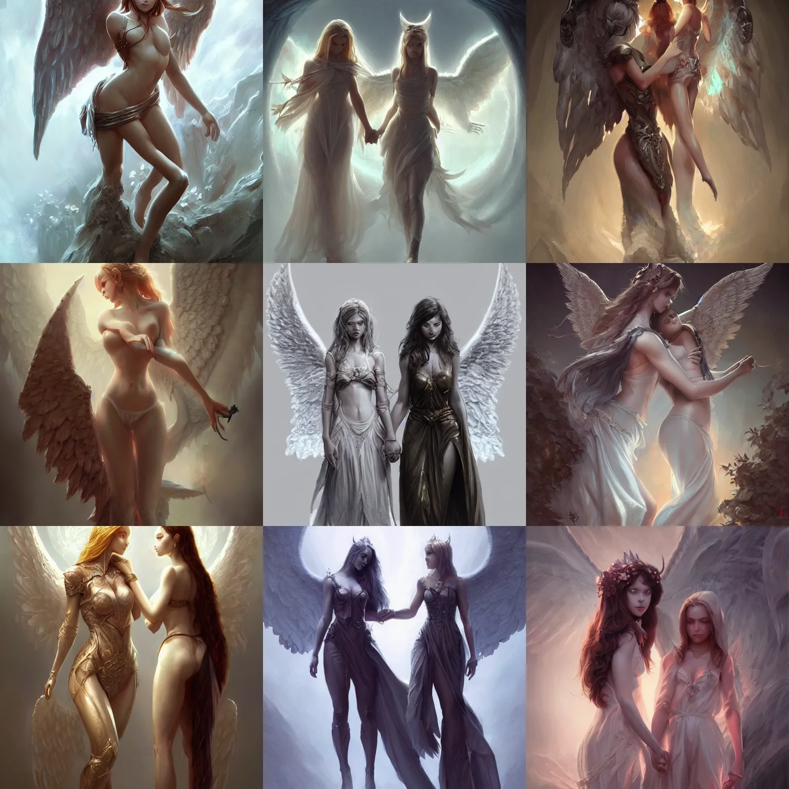 Prompt: 3d rendering, a demon girl and a angel girl holding hands, fantasy, intricate, elegant, highly detailed, digital painting, artstation, concept art, art by artgerm and greg rutkowski