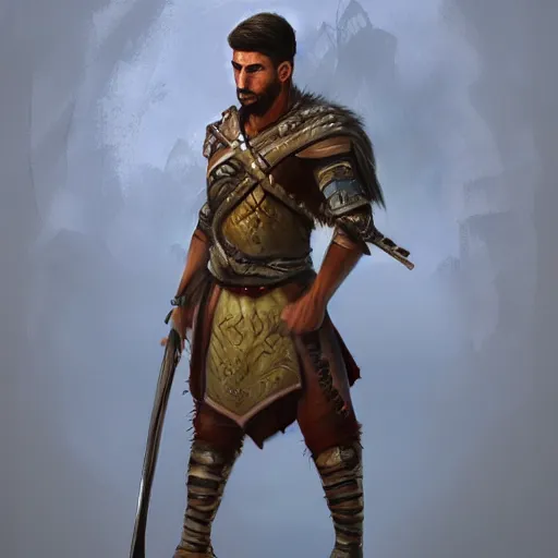 Image similar to kurdish male warrior, highly detailed, digital painting, artstation, concept art, sharp focus, illustration, incredibly strong and handsome