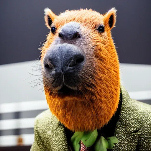 Image similar to a high detail photo of an antropomorphic capybara wearing a suit, subject= duck, subject detail: wearing a suit, photorealism