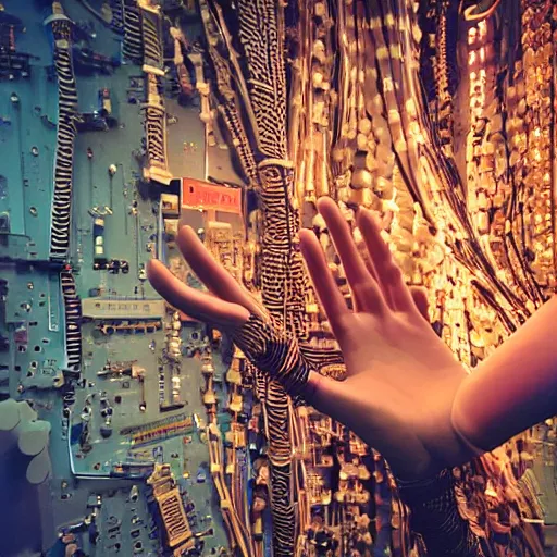 Image similar to subtle background, piles of modular synth cables, goddess reaching out hand wearing a headpiece made of circuit boards in a photo shoot for balenziaga, wlop, stanley kubrick, masamune, hideki anno, unique perspective, eastman color, perfect details, trending on artstation, 3 d render, smooth render