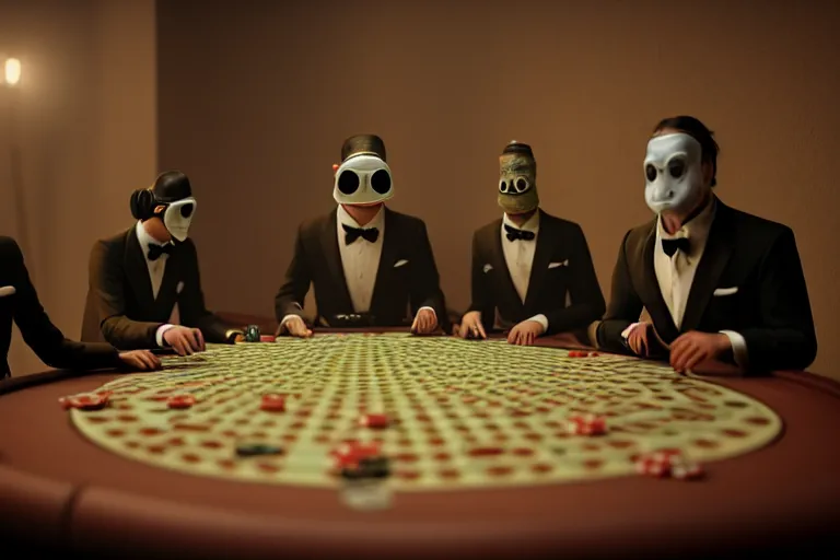 Prompt: hyperrealism simulation highly detailed human turtles'wearing detailed tuxedos and smoking, playing poker in hyperreilsm scene from cyberpunk movie from future by wes anderson and denis villeneuve and mike winkelmann rendered in blender and octane render