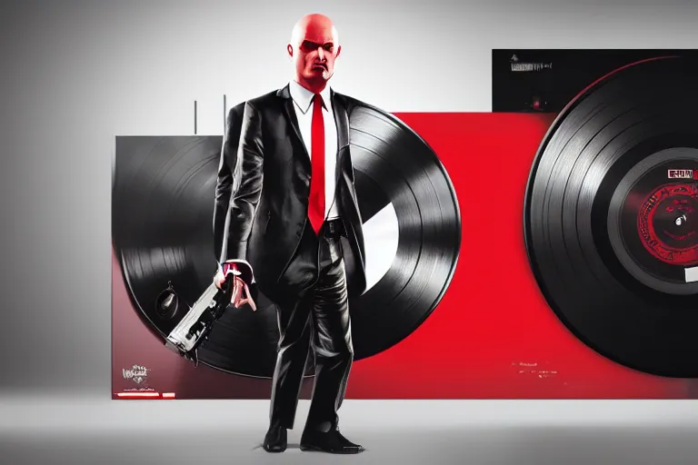 Prompt: an expressive portrait of agent 4 7 from hitman wearing headphones and putting a vinyl record onto a turntable, dark background, red rim light, digita, l
