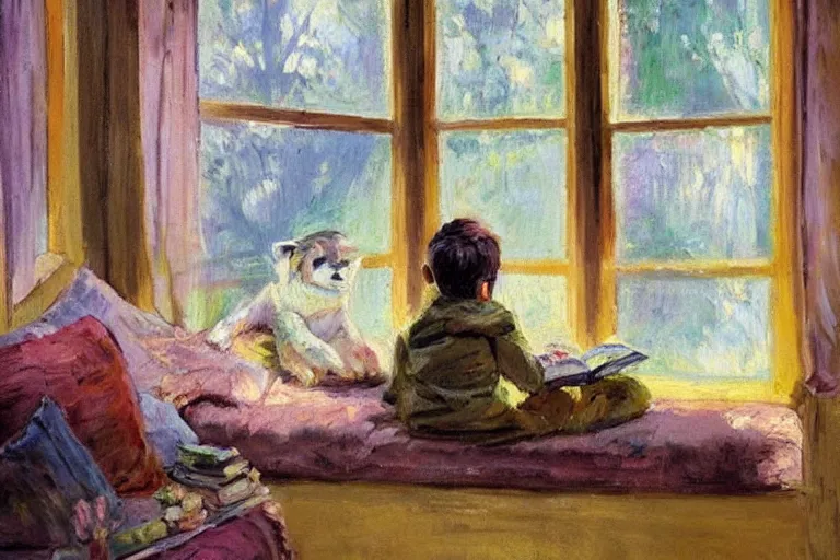 Prompt: impressionist oil painting with broad pallet knife, luminous muted colors, a bay window with comfy cushions, side view. a child reads a book and a babyyoda sleep contentedly. the room is dark with sun from the window highlighting the child.