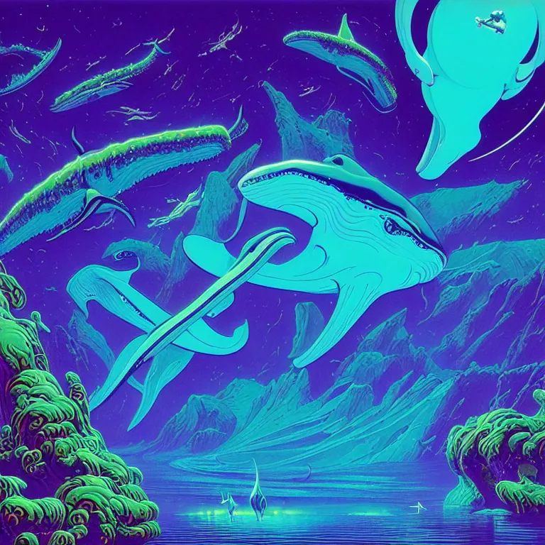 Image similar to interstellar aquatic whales, infinite fractal dimensional portal, bright neon colors, highly detailed, cinematic, eyvind earle, tim white, philippe druillet, roger dean, lisa frank, aubrey beardsley