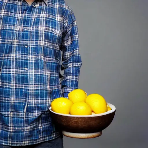 Image similar to man standing below bowl of lemons