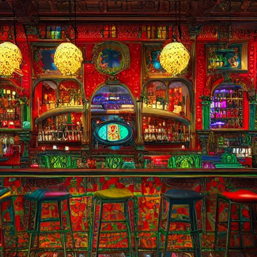 Prompt: a beautiful joyful and colorful intricate victorian bar, 4 k, ultra - wide angle, elagant, highly detailed, photorealistic, octane render, 8 k, unreal engine, hd, trending on artstation, hyper detailed, intense colors