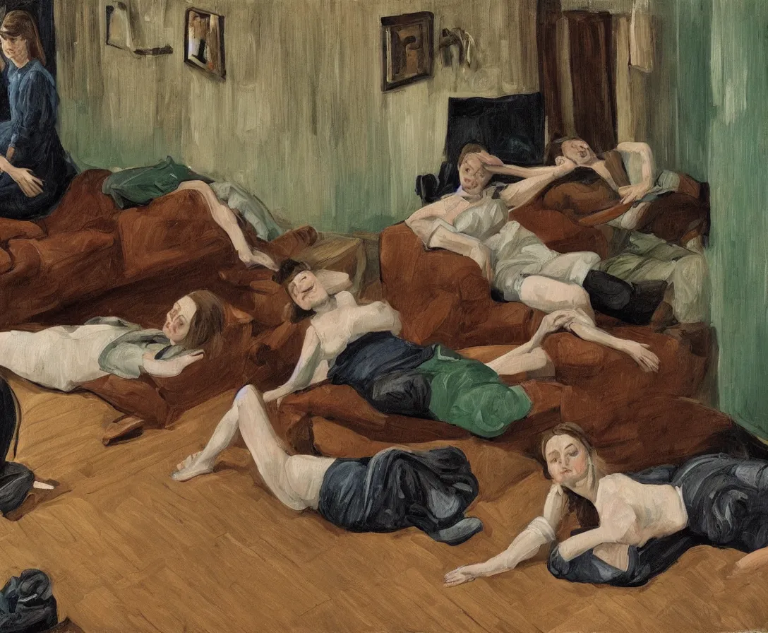 Image similar to portrait of two women lying horizontal, in an empty old english apartment with wooden floor on a brown leather sofa. one is wearing a dark blue sweather, the other a white shirt. brown hair, they are looking into the camera. wide shot. in the style of lucien freud. oil painting. green mood. isometric perspective