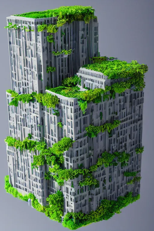 Image similar to 3 d printed physical model organic flowy including more than one city into one vertical building model that sits on a table in a room with a view back, multiple stories, transparent, with vegetation, colorful, eye - level view, 8 0 k, octane render, highly detailed 3 d render,