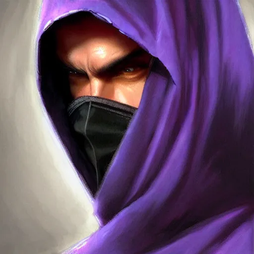 Image similar to ultra realistic illustration, man in a black hood, in a striped purple balaclava, mysterious, highly detailed, digital painting, artstation, concept art, smooth, sharp focus, illustration, art by artgerm and greg rutkowski and alphonse mucha