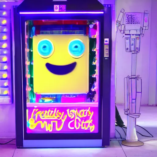 Image similar to friendly sentient robot vending machine smiling with a face of pastel led lights, made of cheap materials, selling cheap junk food in a city comprised of light matter, set in the distant future, plants, light prisms, rainbow diffraction, steampunk, cyberpunk, robots, warm lights, anime, vhs distortion, art style mimics starlight brigade by game grumps