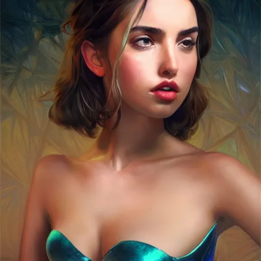 Prompt: striking character concept portrait, ana de armas, iridescent shiny sheer lingerie, slim, curvaceous. detailed expression, high quality, very dark lighting, many shadows, high contrast, fantasy, reflective, spotlight. digital artwork by artgerm and wlop and alex ross and alphonse mucha, trending on artstation
