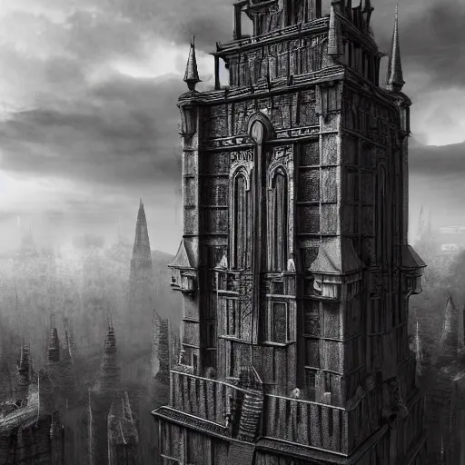 Prompt: an ultra detailed black and white 3 d render of a lonely and impossibly tall ominous gothic dark citadel tower of the evil patriarch, in the style of magic the gathering, in a river elevated high above the city, flintlock fantasy capital city, ultrawide lense, aerial photography, unreal engine, exquisite detail, 8 k, art by greg rutkowski and alphonse mucha