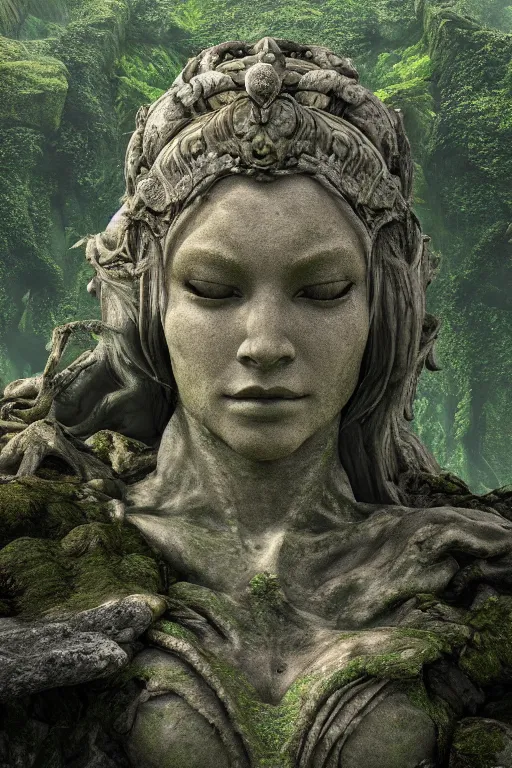 Image similar to giant stone statue of a goddess head, mossy stone, deep jungle, octane render, unreal engine, trending on artstation, ultra detailed, realistic, cinematic lighting, astmopheric, 8 k