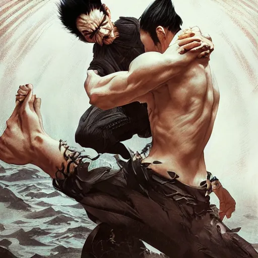 Prompt: ultra realistic illustration of heihachi mishima devouring kazuya mishima, intricate, elegant, highly detailed, digital painting, artstation, concept art, smooth, sharp focus, illustration, art by artgerm and greg rutkowski and alphonse mucha