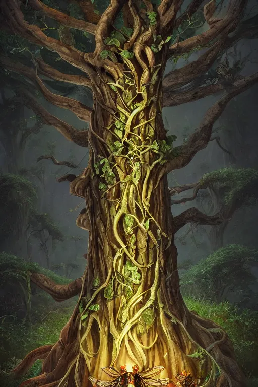 Prompt: a beautiful digital illustration painting of a detailed gothic fantasy fireflies and roots, fantasy tree with heart carved into the bark by giorgio de chirico, and david rios ferreira. 8 k resolution trending on artstation concept art digital illustration