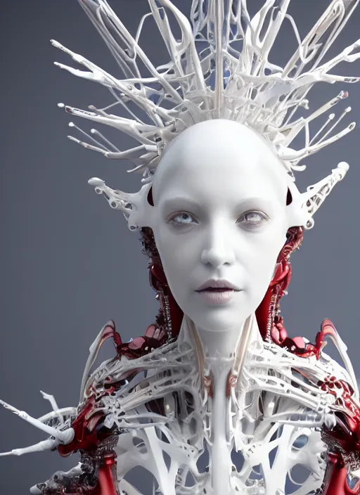 Prompt: complex 3 d render hyper detailed ultra sharp beautiful futuristic close - up stunning biomechanical humanoid woman with carved porcelain ivory fair face, iris van herpen haute couture headdress with rhizomorph finials spires, white mecha, cyberpunk steel brackets, fractal red puffballs, octane render, dof, 8 k