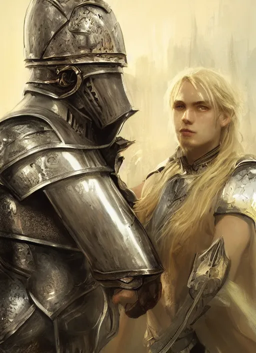 Prompt: a blond knight in armor with glasses, and his squire in rags with round glasses, fantasy, digital portrait, scifi, realistic, detailed, concept art, comics, ruan jia, wlop
