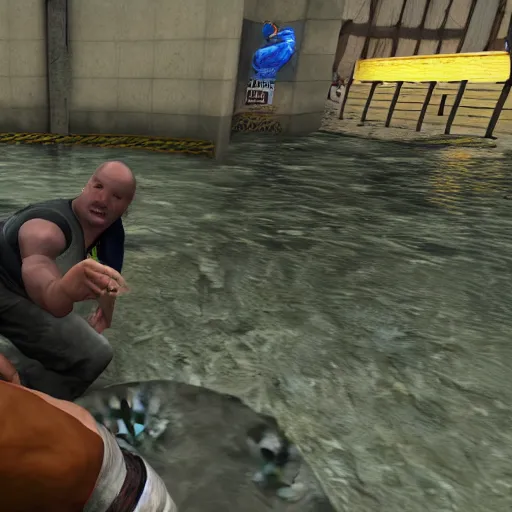 Prompt: man wrestling with eel, counter strike screenshot