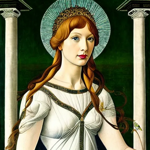 Prompt: taylor swift as the goddess of spring, elegant portrait by sandro botticelli, detailed, symmetrical, intricate