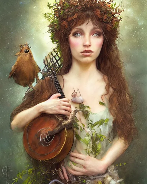 Image similar to dryad musician inspired by brian froud, portrait, accompanied by a cute feathered mouse, studio lighting by jessica rossier and brian froud and gaston bussiere