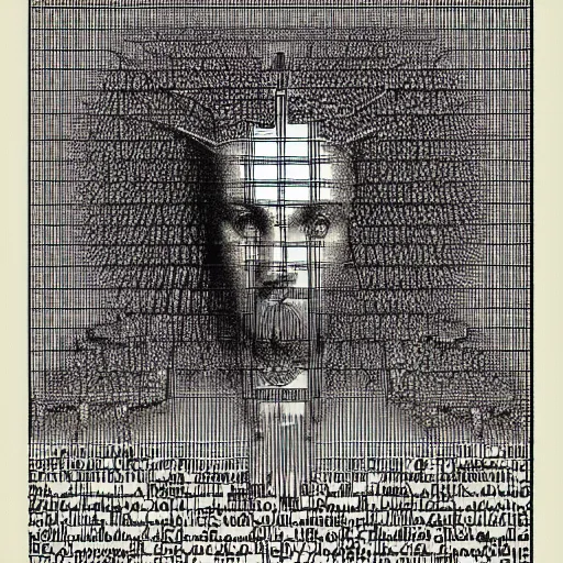 Image similar to A realistic portrait of a deity-of-language by Gustave Dore in ASCII art style