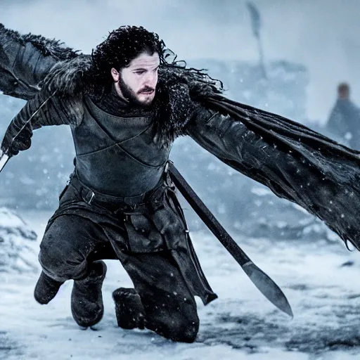 Prompt: Jon snow slaying a dragon