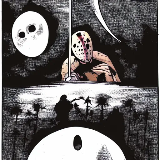 Prompt: jason voorhees being abducted by a flying saucer ufo