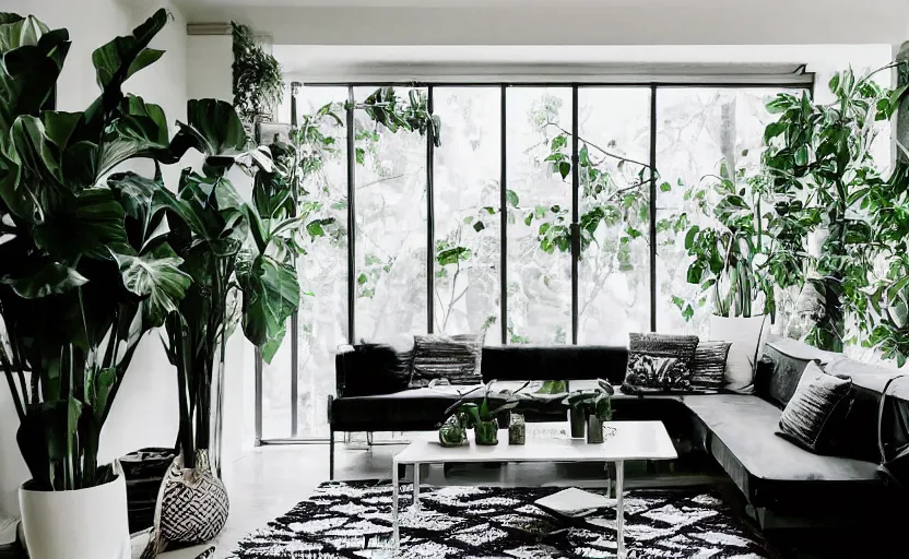 Prompt: interior of a bohemian living room, black and white, green potted plants, couch, diner table, cupboards, modernist, minimalism, big windows with a view of lush trees, feng shui, 8 k