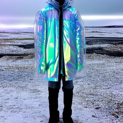 Image similar to an ultra high definition professional studio quality photograph of an artificially intelligent cyberpunk art influencer wearing a transparent iridescent pastel coloured face visor and matching bubbly puffy raincoat on white coat hook in a sheer icelandic black rock environment. dramatic lighting. volumetric shadows. light rays