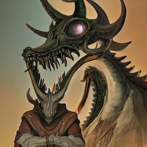 Image similar to concept art painting of a dragonlike anthropomorphic humanoid creature with a long dragon neck and horned skull mask, sitting on a throne, anime style, cel shaded, in the style of makoto shinkai and james gurney and studio ghibli and moebius