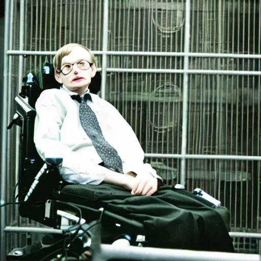 Image similar to stephen hawking in a zoo cage, photography,