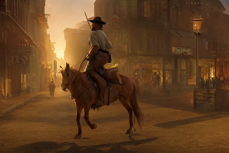 Image similar to rugged sheriff riding his horse through a busy old - west town, detailed, volumetric lighting, cinematic, in the style of fredrick remington